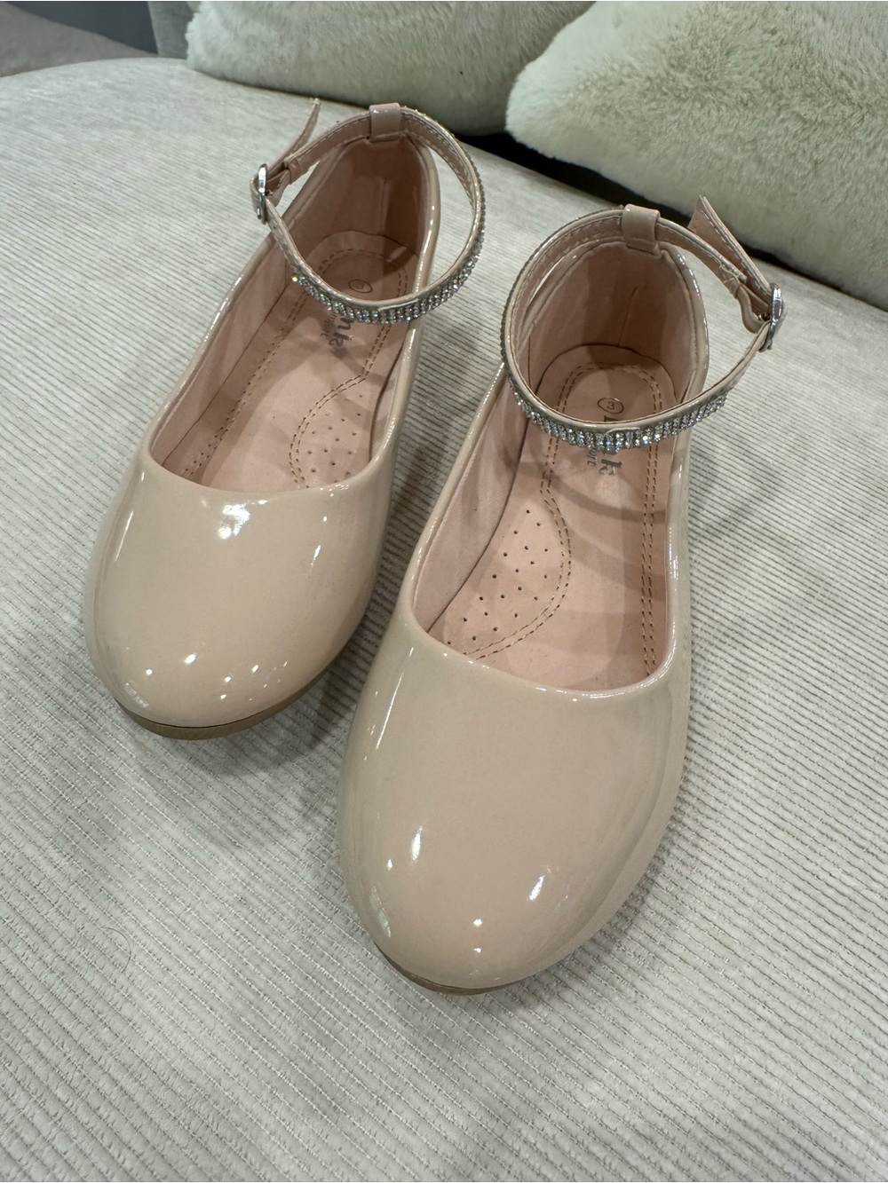 Patent Nude Mary Jane Flats with Rhinestone Ankle Strap